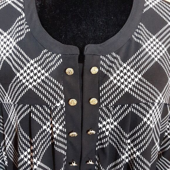 Anne Klein Plaid Tunic Black & White Gold Buttons Tabbed Sleeves sz XL - Picture 8 of 13